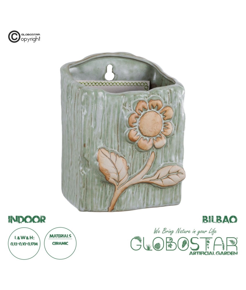 GloboStar® Artificial Garden BILBAO 20536 Διακοσμητική Κεραμική Επιτοίχια Γλάστρα Πράσινη με Μπεζ Λεπτομέρειες Μ13 x Π10  x Υ17cm